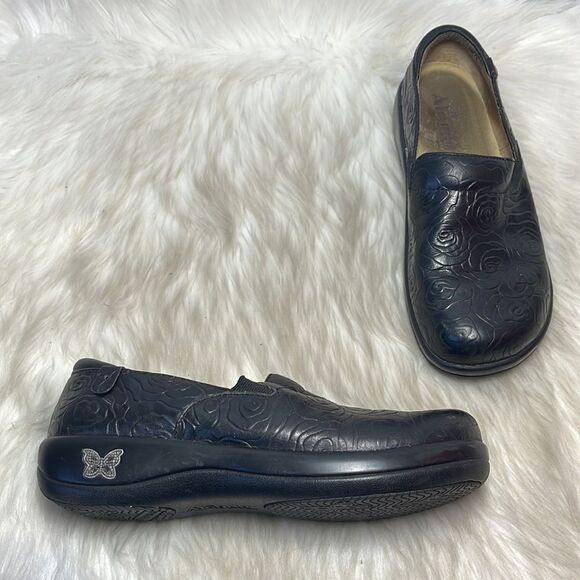 Alegria Keli Black Embossed Leather Flats Sz 37/7 - Picture 1 of 8
